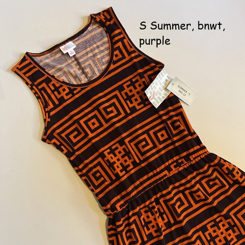 Small Lularoe Summer sleeveless dress, orange and purple Greek key print